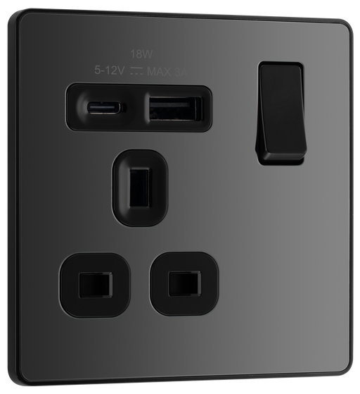 BG Electrical Evolve Black Chrome - Single, switched, single pole, with 1 x USB A + 1 x USB C
