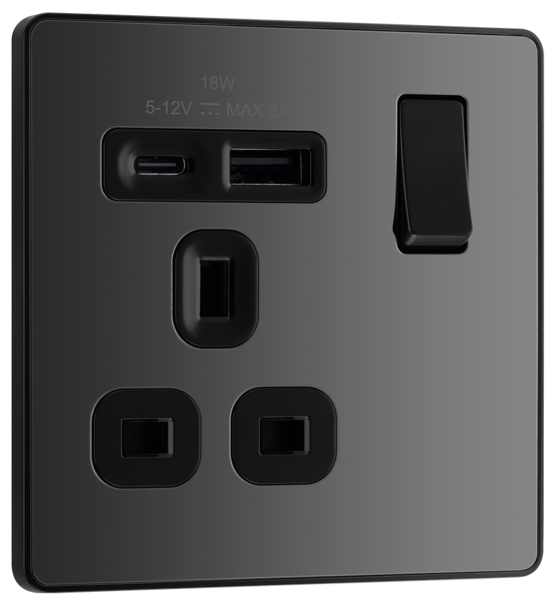 BG Electrical Evolve Black Chrome - Single, switched, single pole, with 1 x USB A + 1 x USB C