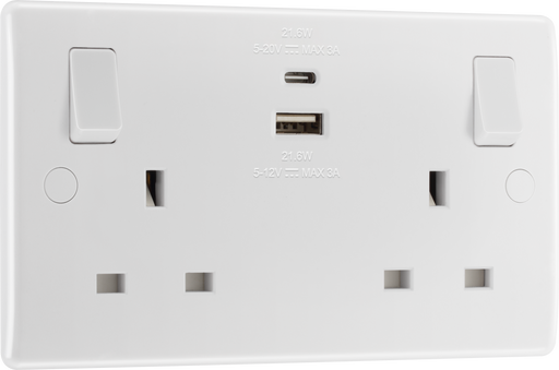 BG Electrical 800 Series - Double switched single pole, with USB A + C (22W)