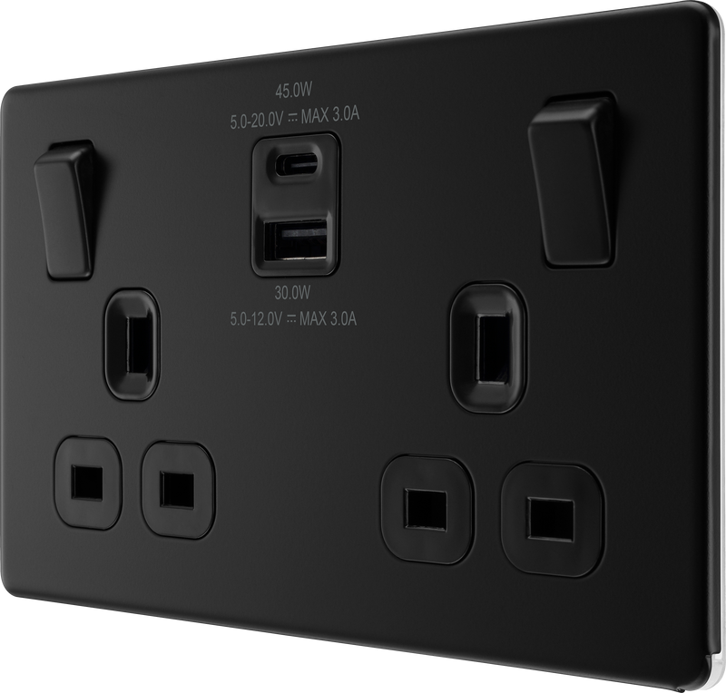 BG Electrical Flatplate Screwless Matt Black - Double switched single pole, with USB A + C (45W)