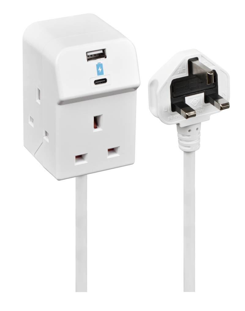 Masterplug USB - 3 Sockets, 2m, 2 x USB A + C 10.5W, 13A, White