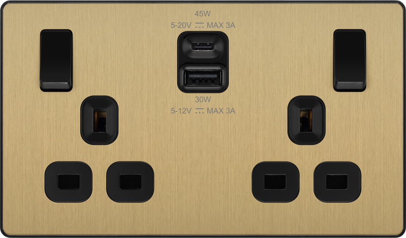 BG Electrical Evolve Satin Brass - Double switched single pole, with USB A + C (45W)