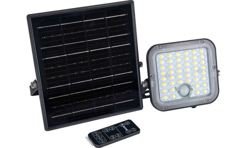 Luceco Mensa - Mensa Decorative Outdoor Solar Security Floodlight with PIR Motion Sensor and Remote Control, Colour Change (CCT), LED Exterior Lighting, Black, 10W, 1500lm, 3000K & 4000K