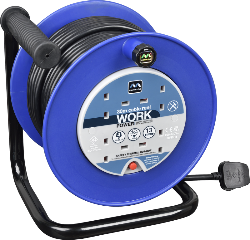 Masterplug Work - 30m, 4 Sockets, 13A, Blue
