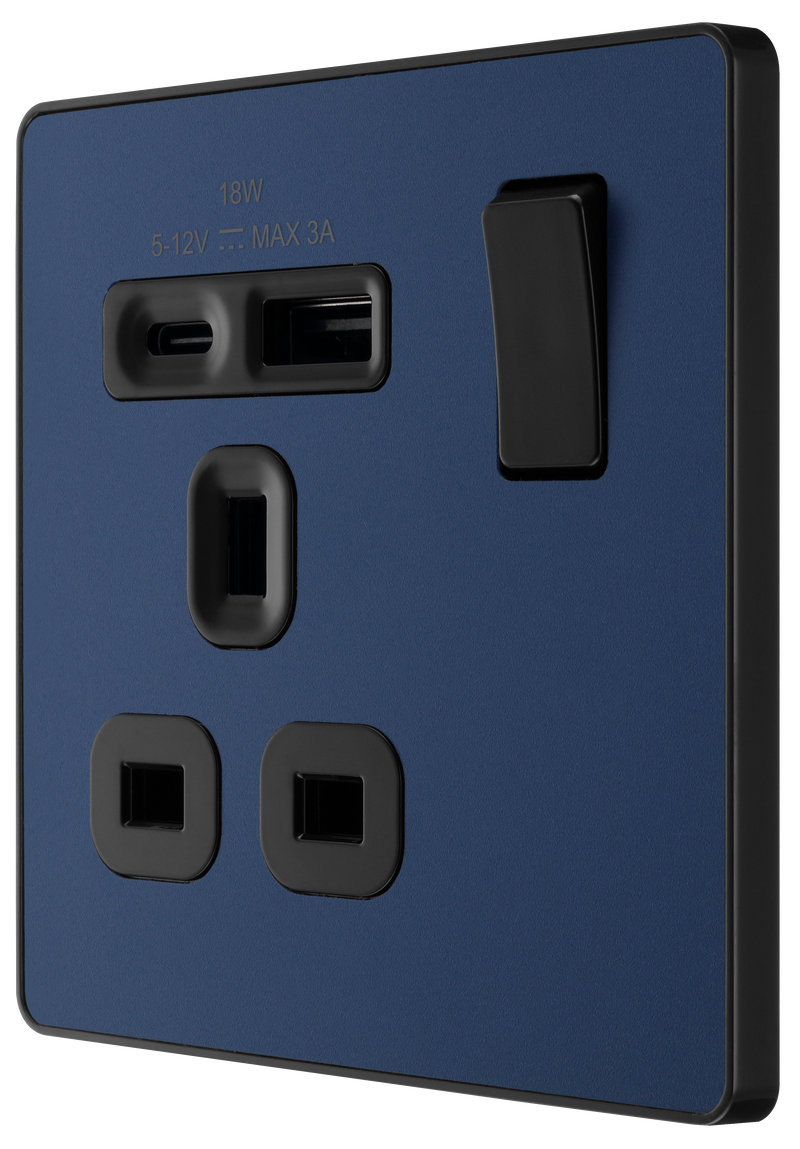 BG Electrical Evolve Matt Blue - Single, switched, single pole, with 1 x USB A + 1 x USB C