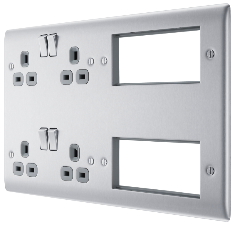 BG Electrical Nexus Metal Brushed Steel - Combination plate, 2 x double socket, 8 module aperture