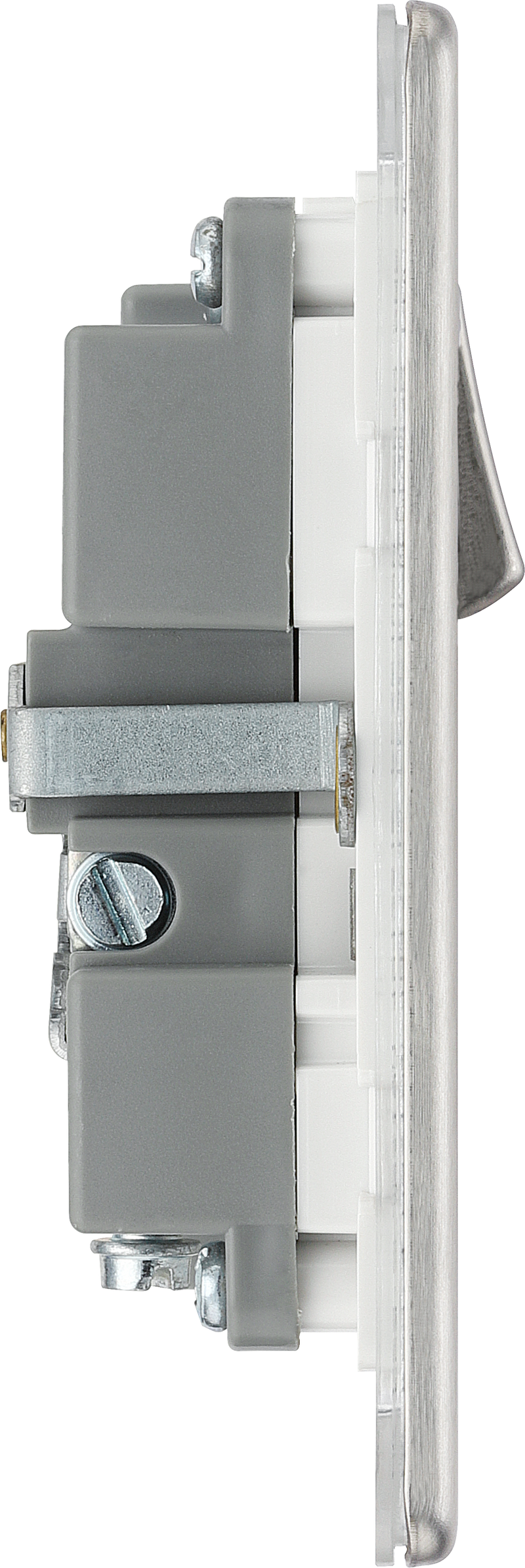 BG Electrical Flatplate Screwless Brushed Steel - Single switched, single pole, with 2 x USB A