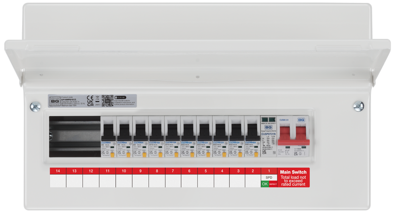 BG Circuit Protection RCBO Main Switch SPD - 16 module, 13 way, 100A Main Switch, 10 RCBO's, Type 2 SPD