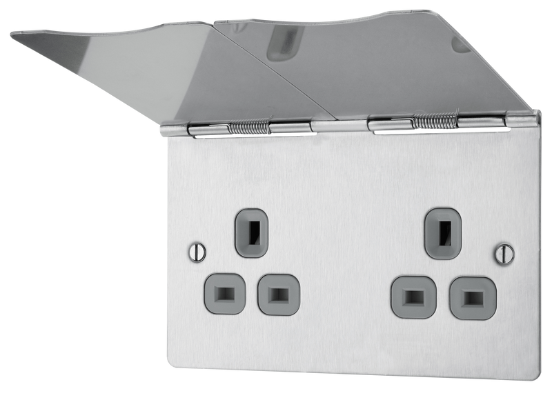BG Electrical Flatplate Screwless Brushed Steel - Double, unswitched, floor socket