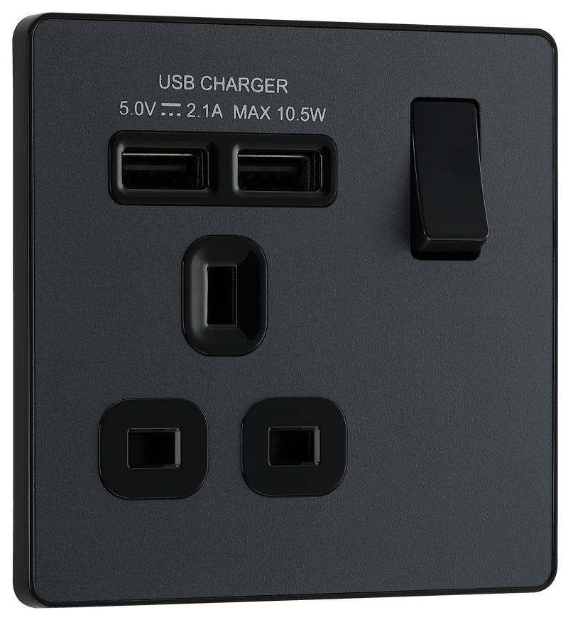 BG Electrical Evolve Matt Grey - Single, switched, single pole, with 2 x USB A