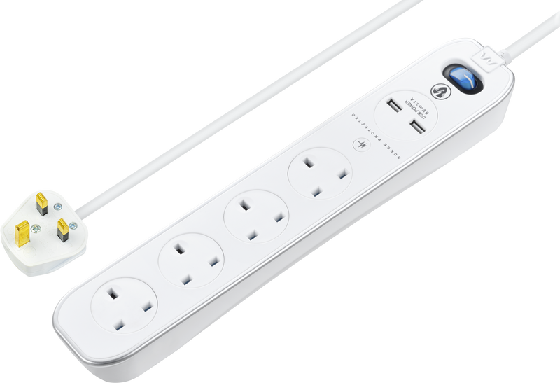 Masterplug High Gloss USB - 2 x USB A, 4 Sockets, 2m, 13A, Gloss White