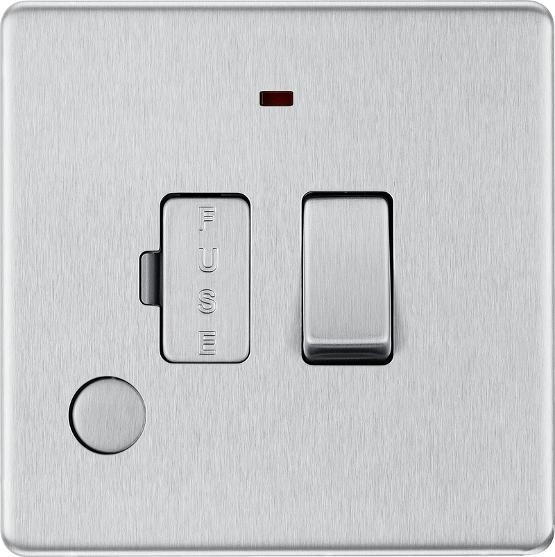 BG Electrical Flatplate Screwless Brushed Steel - Switched and fused with indicator and flex outlet
