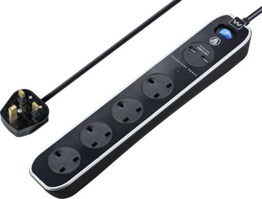 Masterplug High Gloss USB - 2 x USB A, 4 Sockets, 2m, 13A, Gloss Black