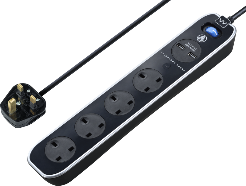 Masterplug High Gloss USB - 2 x USB A, 4 Sockets, 2m, 13A, Gloss Black