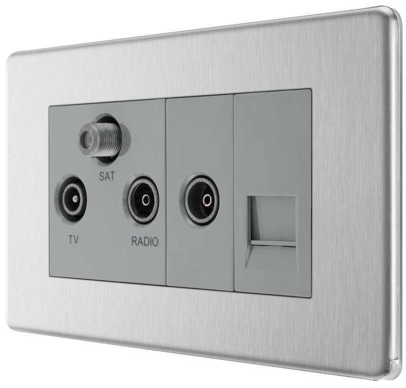 BG Electrical Flatplate Screwless Brushed Steel - Triplex with BT outlet and co-axial return - screened