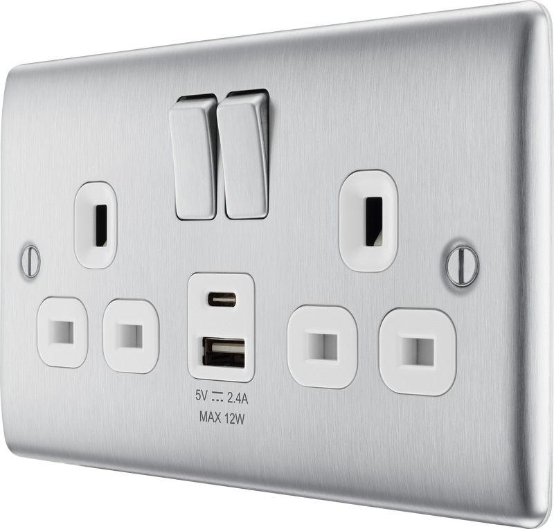 BG Electrical Nexus Metal Brushed Steel - Double switched single pole, with USB A + C (12W)