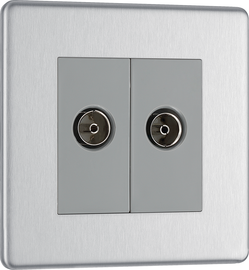 BG Electrical Flatplate Screwless Brushed Steel - Double, TV/FM