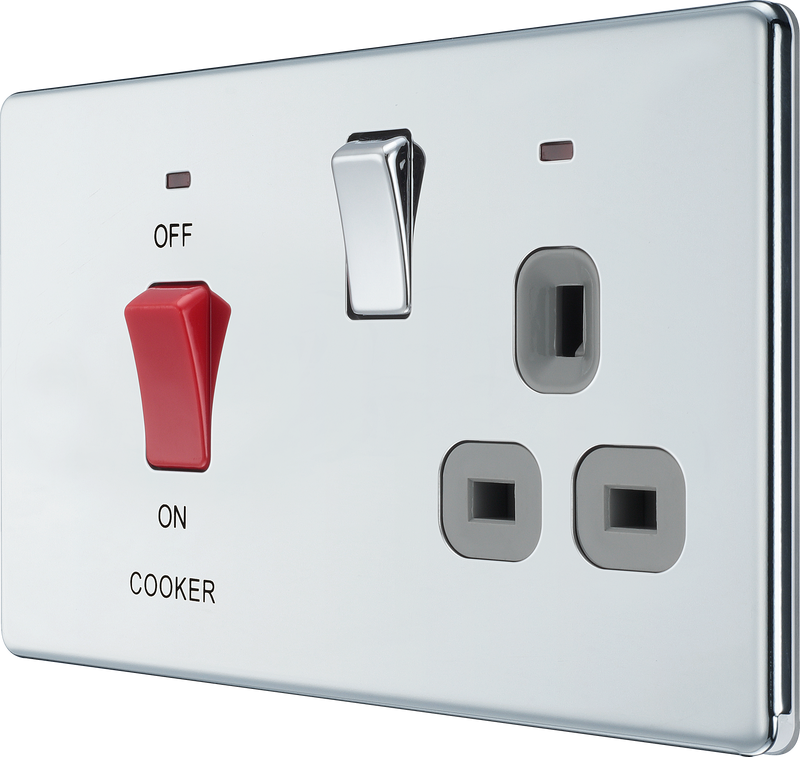 BG Electrical Flatplate Screwless Polished Chrome - 45A double pole, with switched socket and indicators