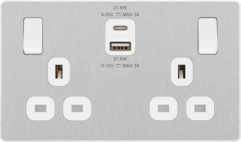 BG Electrical Evolve Brushed Steel - Double switched single pole, with USB A + C (22W)