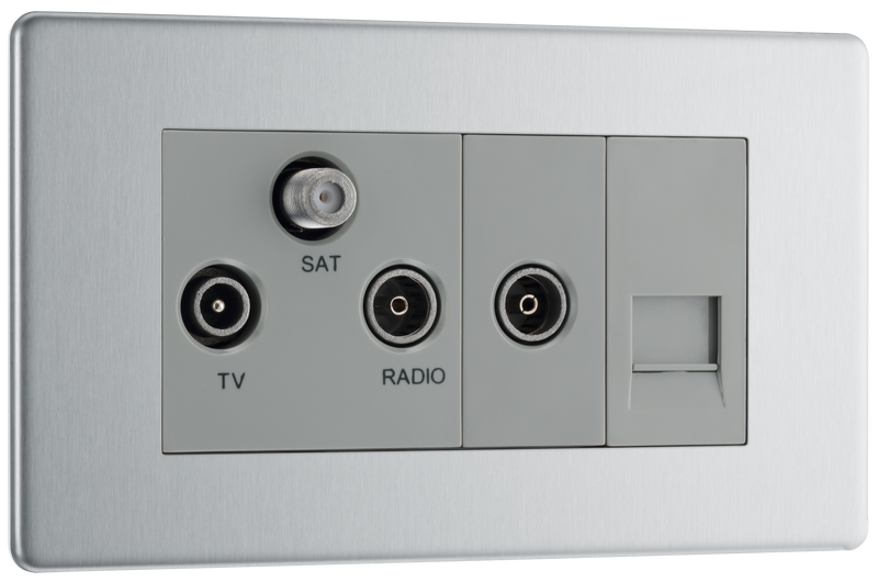 BG Electrical Flatplate Screwless Brushed Steel - Triplex with BT outlet and co-axial return - screened