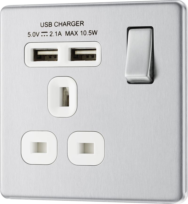 BG Electrical Flatplate Screwless Brushed Steel - Single switched, single pole, with 2 x USB A