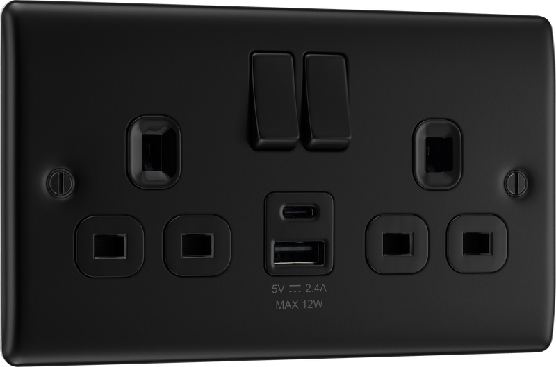 BG Electrical Nexus Metal Matt Black - Double switched single pole, with USB A + C (12W)