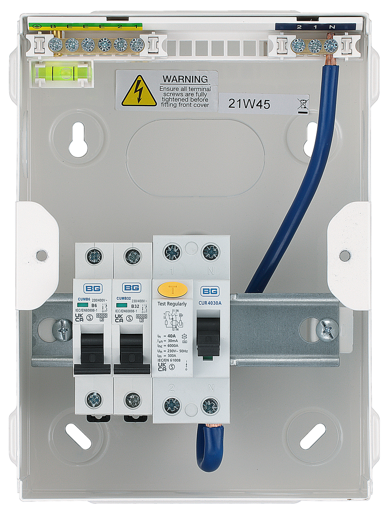 BG Circuit Protection IP20 Non Weatherproof - 4 module, 2 way, 40A Type A RCD, 2 MCB's
