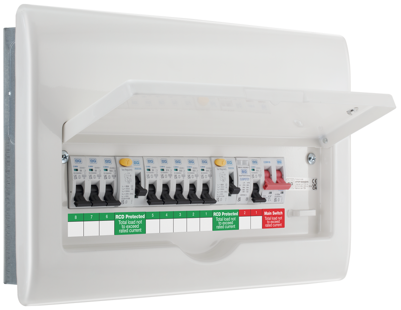 BG Circuit Protection Dual RCD SPD - 16 module, 8 way, 100A Main Switch, 80A/80A Type A RCD, 8 MCB's, Type 2 SPD