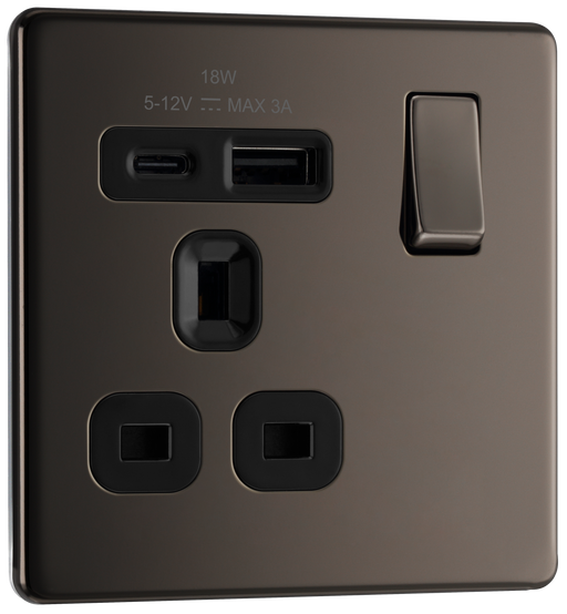 BG Electrical Flatplate Screwless Black Nickel - Single, switched, single pole, with 1 x USB A + 1 x USB C