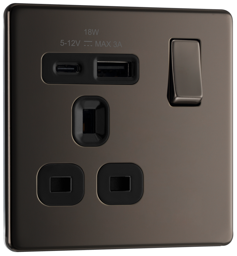 BG Electrical Flatplate Screwless Black Nickel - Single, switched, single pole, with 1 x USB A + 1 x USB C
