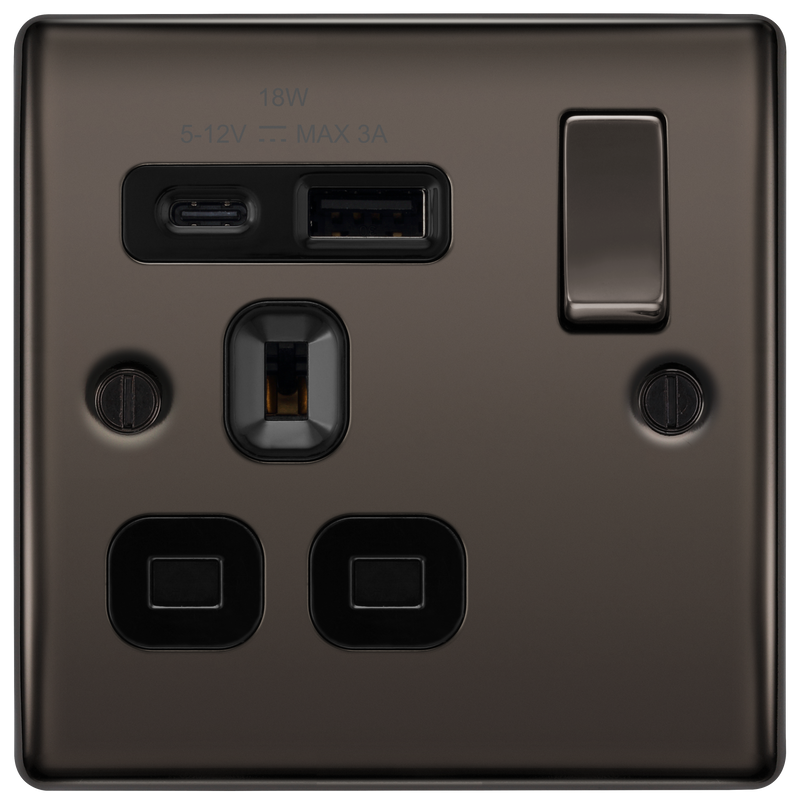 BG Electrical Nexus Metal Black Nickel - Single, switched, single pole, with 1 x USB A + 1 x USB C