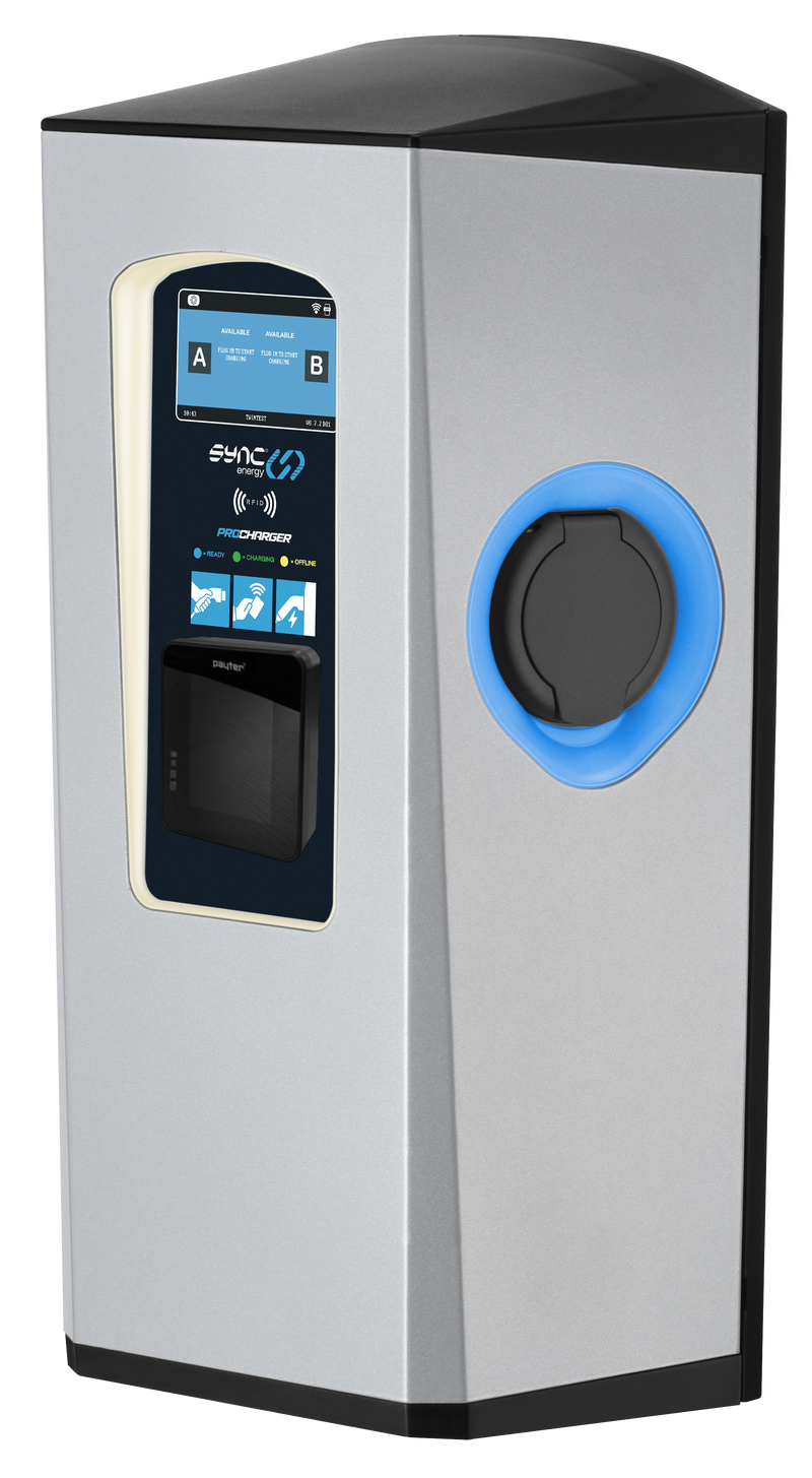 Sync Energy Pro Charger - EV Twin Wall Pro Charger, Single Phase, 2 x 7.4kW - 4G, MID Meter with Pay Terminal