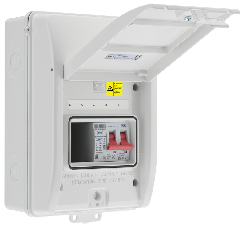 BG Circuit Protection IP65 Weatherproof - 5 module, 2 way, 100A Main Switch, Type 2 SPD