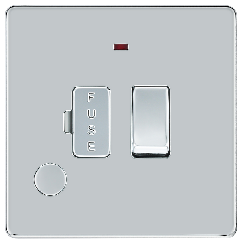 BG Electrical Flatplate Screwless Polished Chrome - Switched and fused with indicator and flex outlet