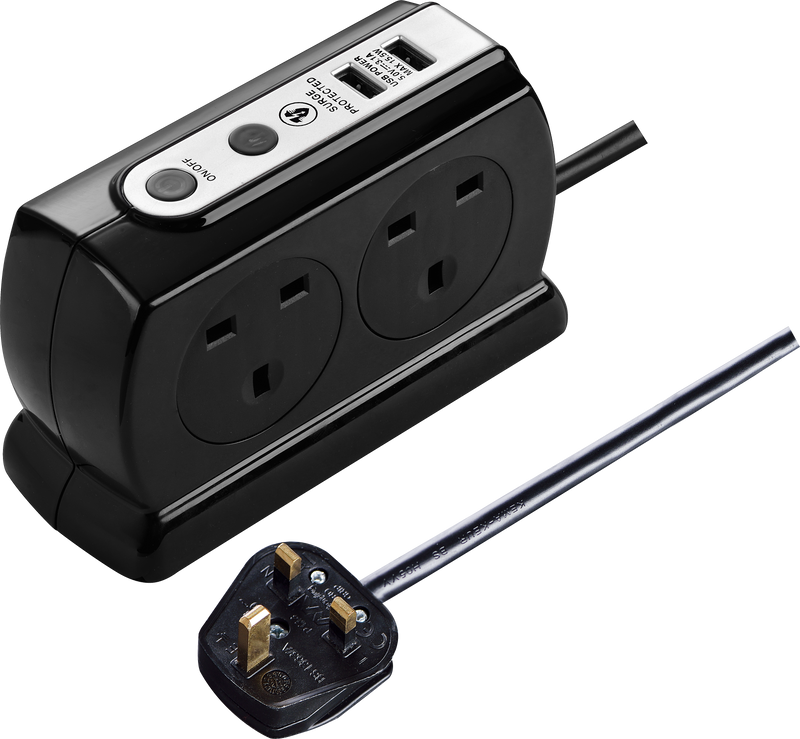 Masterplug High Gloss USB - 2 x USB A, 4 Sockets, 2m, 13A, Gloss Black