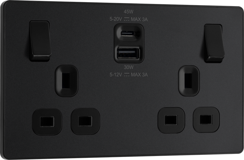 BG Electrical Evolve Matt Black - Double switched single pole, with USB A + C (45W)