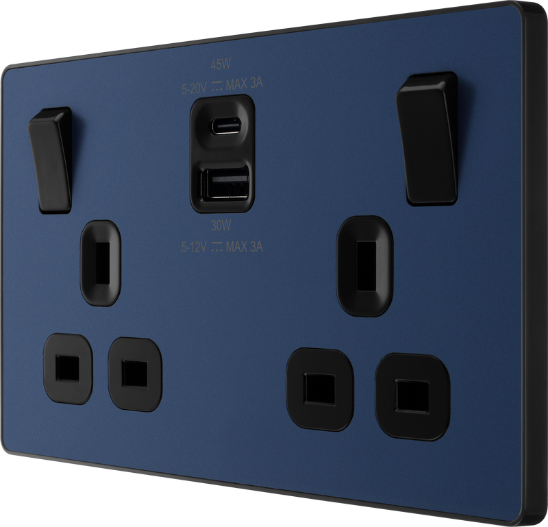BG Electrical Evolve Matt Blue - Double switched single pole, with USB A + C (45W)