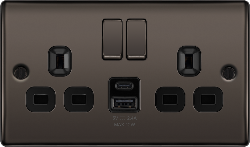 BG Electrical Nexus Metal Black Nickel - Double switched single pole, with USB A + C (12W)