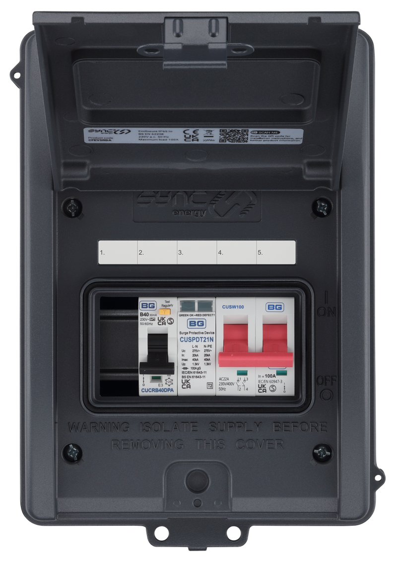 Sync Energy EV Circuit Protection - 5 Module EV Consumer Unit 100A with Main Switch, RCBO, SPD IP65 - Grey