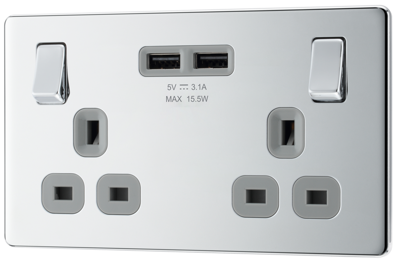 BG Electrical Flatplate Screwless Polished Chrome - Double switched, single pole, with 2 x USB A