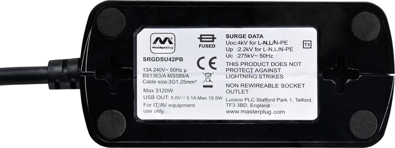 Masterplug High Gloss USB - 2 x USB A, 4 Sockets, 2m, 13A, Gloss Black
