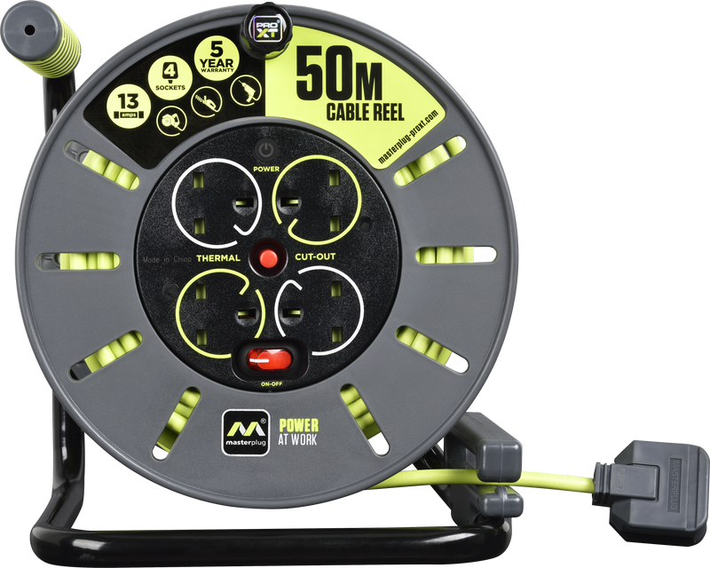 Masterplug Pro XT - 50m, 4 Sockets, 13A, Grey + Green