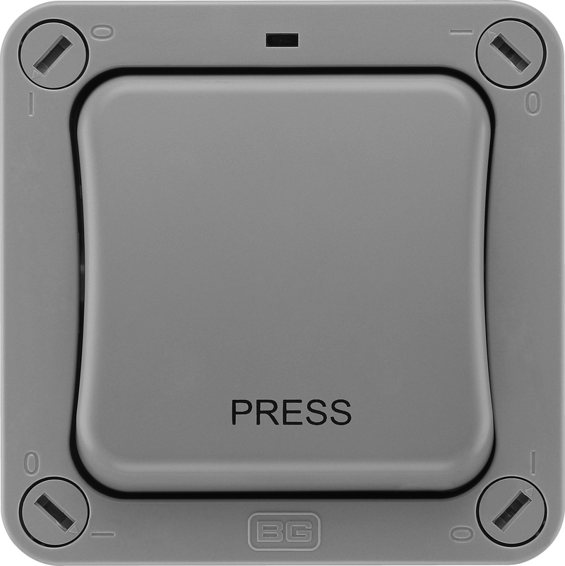 BG Electrical Weatherproof Storm - Single, 2 way retractive, printed 'PRESS', IP66