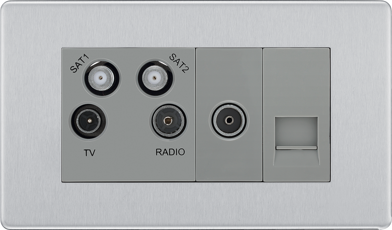 BG Electrical Flatplate Screwless Brushed Steel - Quadplex, 2 x sat, BT outlet and co-ax returned - screened