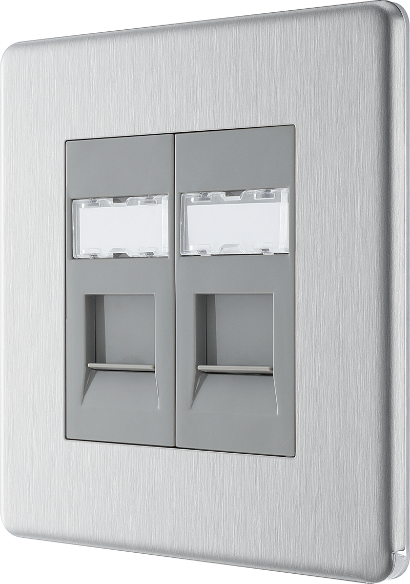 BG Electrical Flatplate Screwless Brushed Steel - Double, RJ45 telephone socket