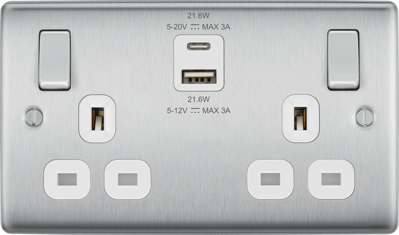 BG Electrical Nexus Metal Brushed Steel - Double switched single pole, with USB A + C (22W)