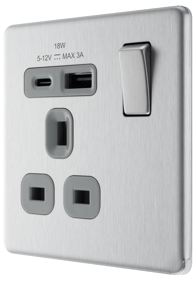 BG Electrical Flatplate Screwless Brushed Steel - Single, switched, single pole, with 1 x USB A + 1 x USB C