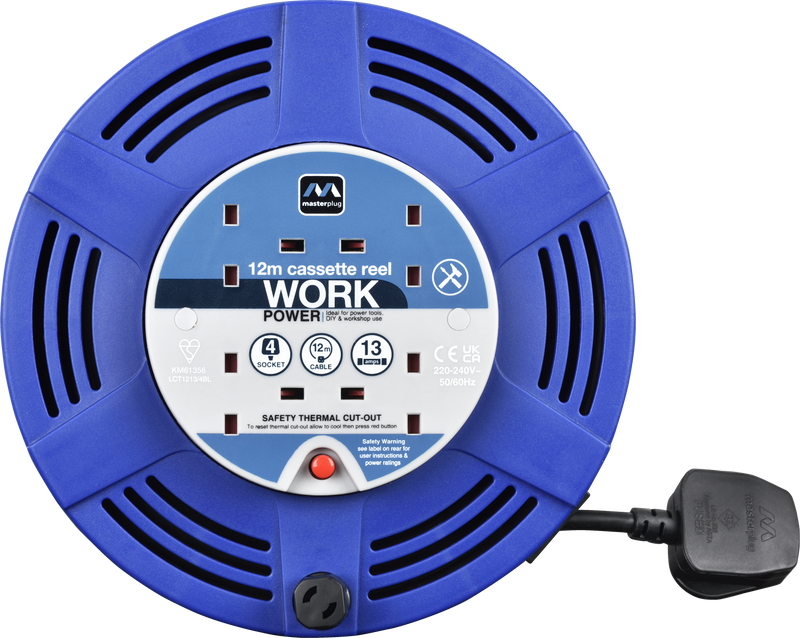 Masterplug Work - 12m, 4 Sockets, 13A, Blue
