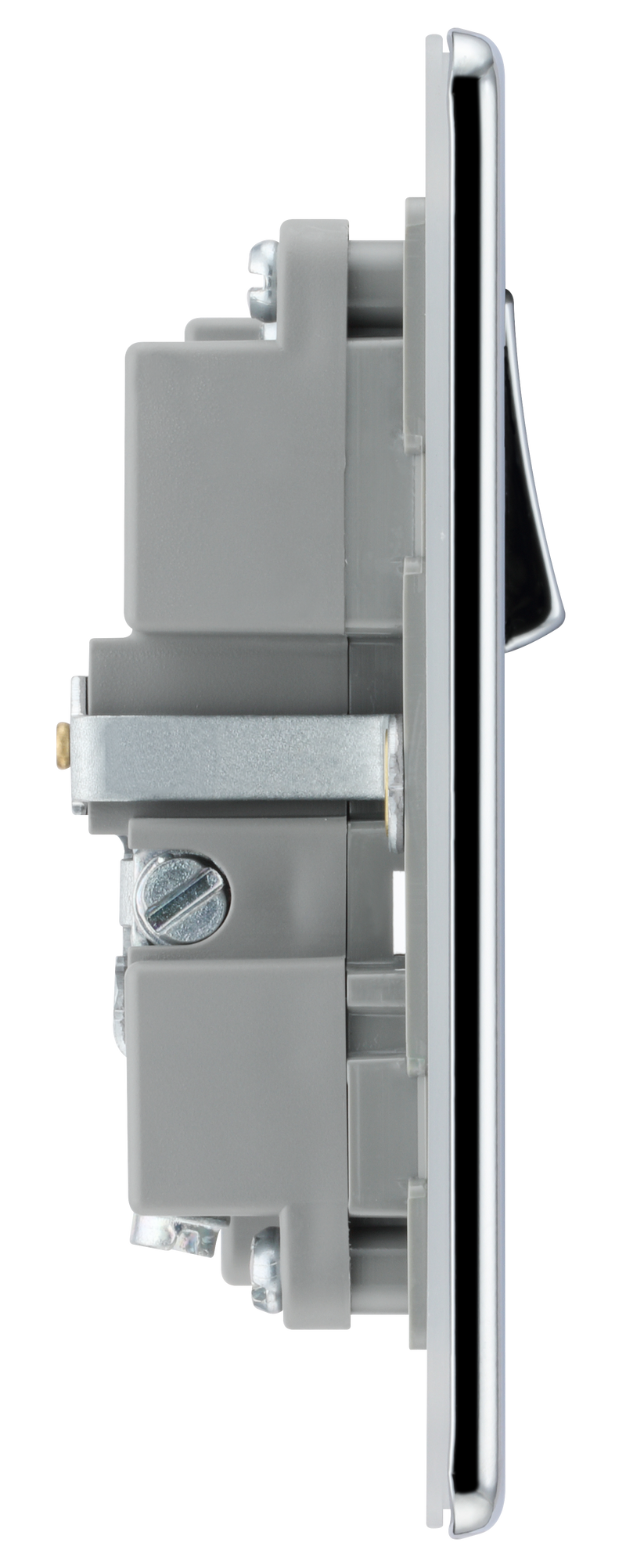 BG Electrical Flatplate Screwless Polished Chrome - Single, switched, single pole, with 1 x USB A + 1 x USB C