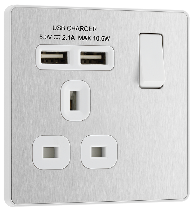BG Electrical Evolve Brushed Steel - Single, switched, single pole, with 2 x USB A